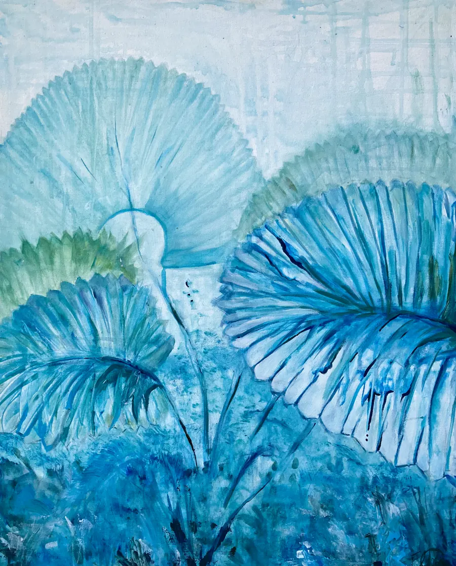 Palma abanico (Licuala grandis) &mdash; 2025. Acrylic on canvas, 24x28 in.
