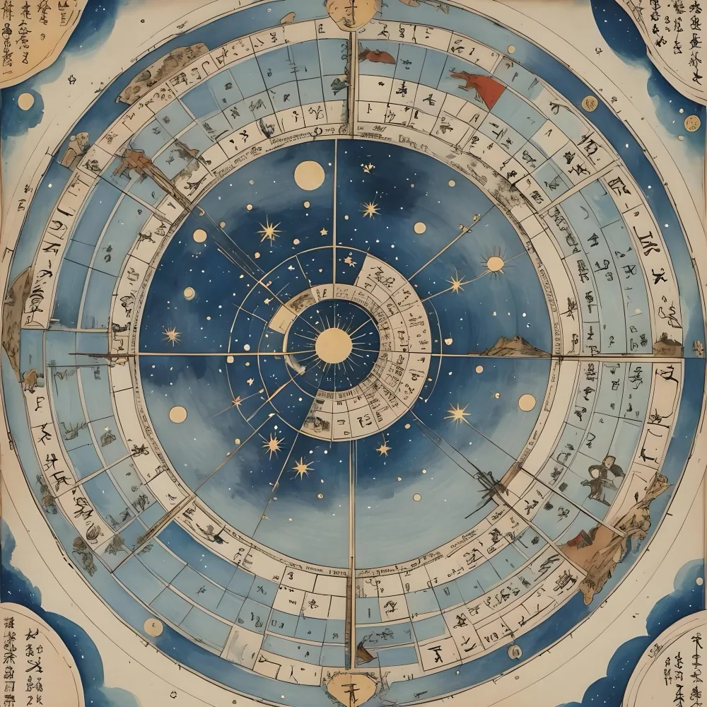 An astrological birth-chart wheel