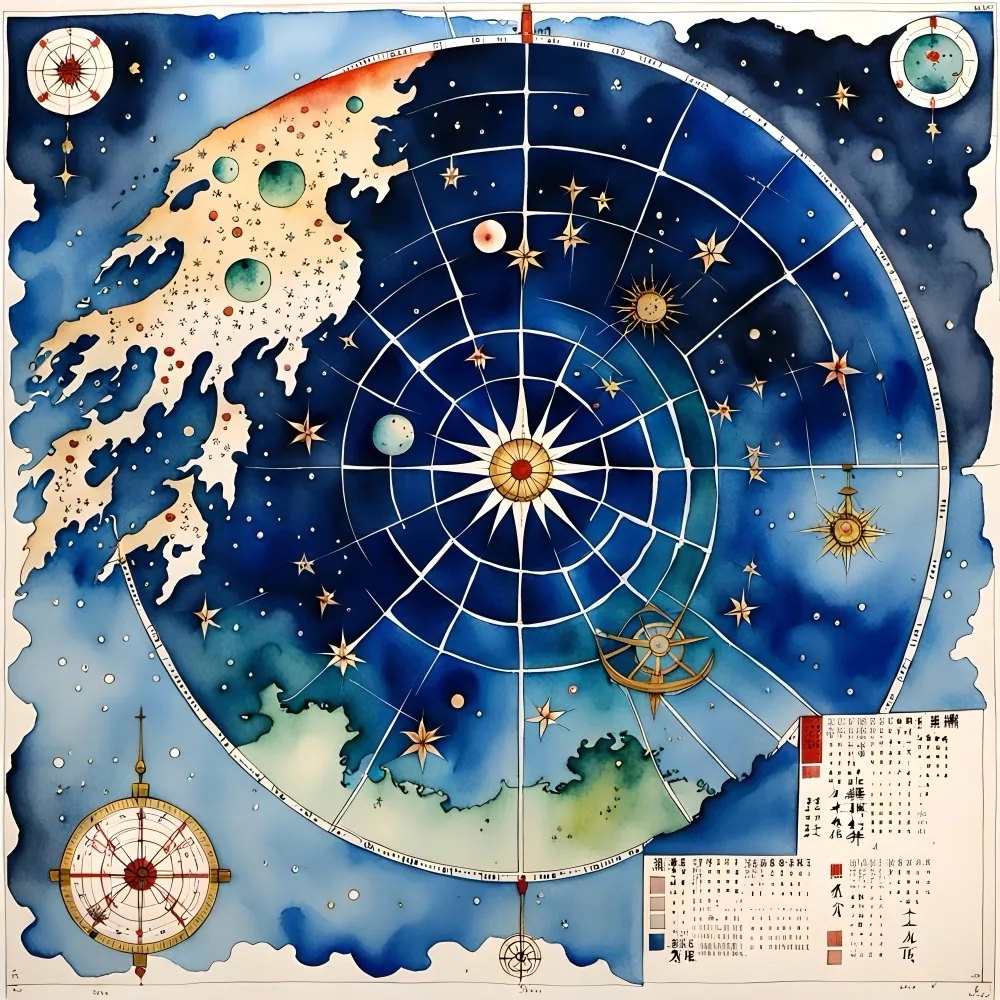 Compass rose illustration in blue and gold