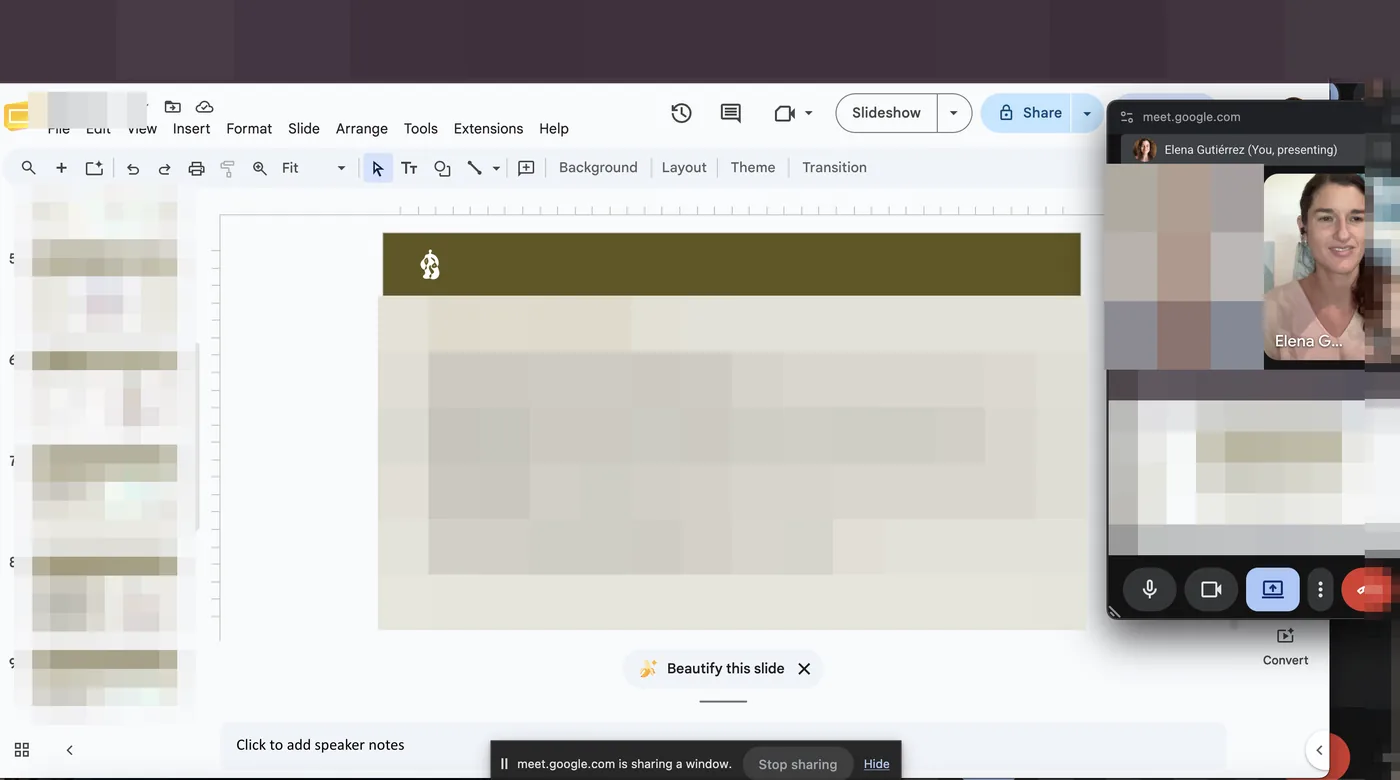 A session in progress on Google Meet, with the chart presentation shared on screen